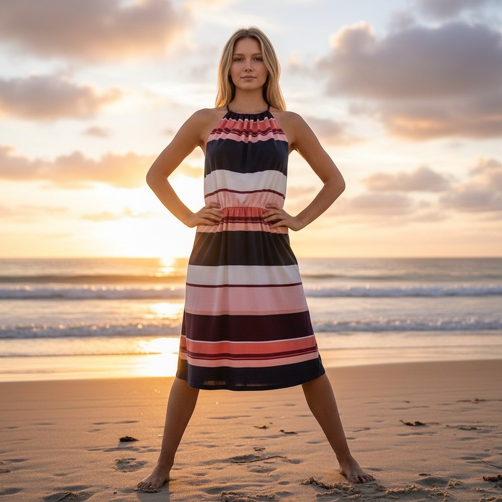 Ann‎ Taylor LOFT Petites Striped Halter Midi Dress MP Navy Coral Pink Summer